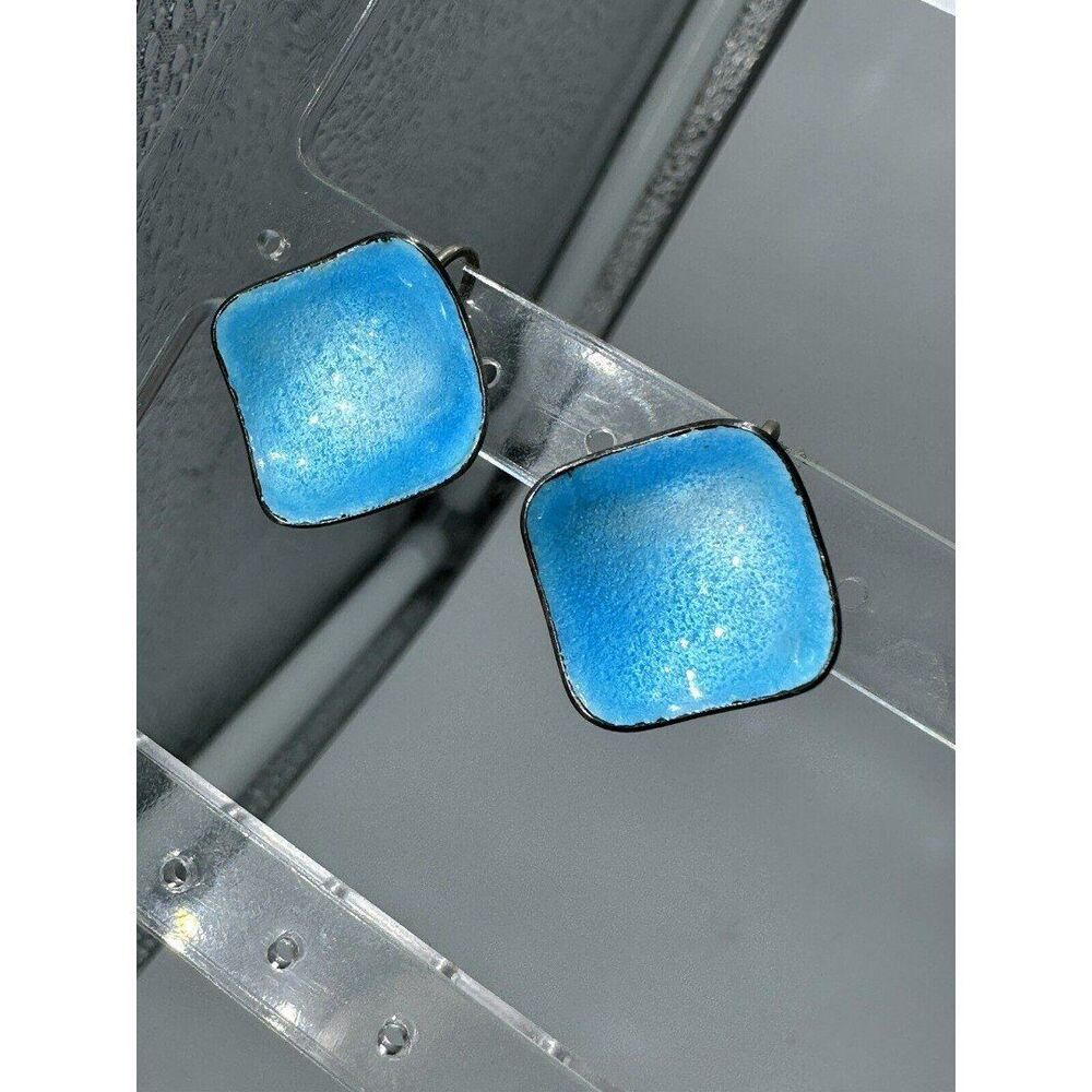Dehart Sterling Blue Enamel Screw Earrings Square Modernist Abstract MCM